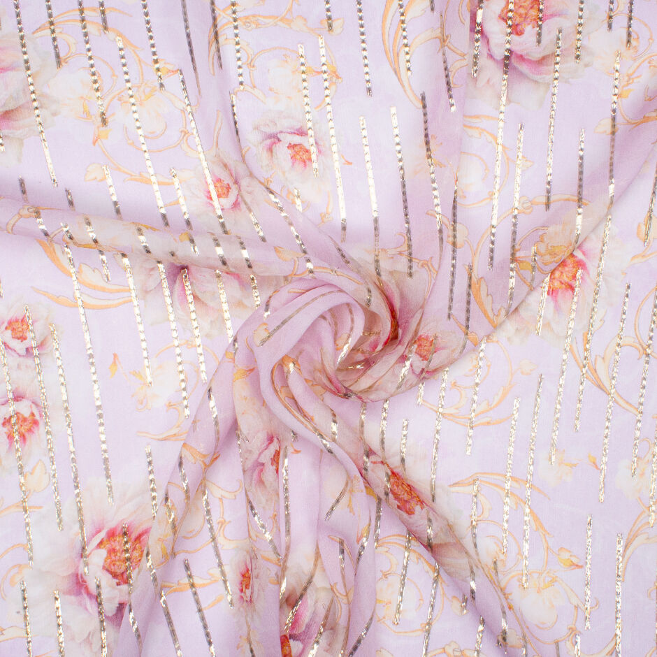 Floral Printed Pale Lavender Metallic Silk Georgette