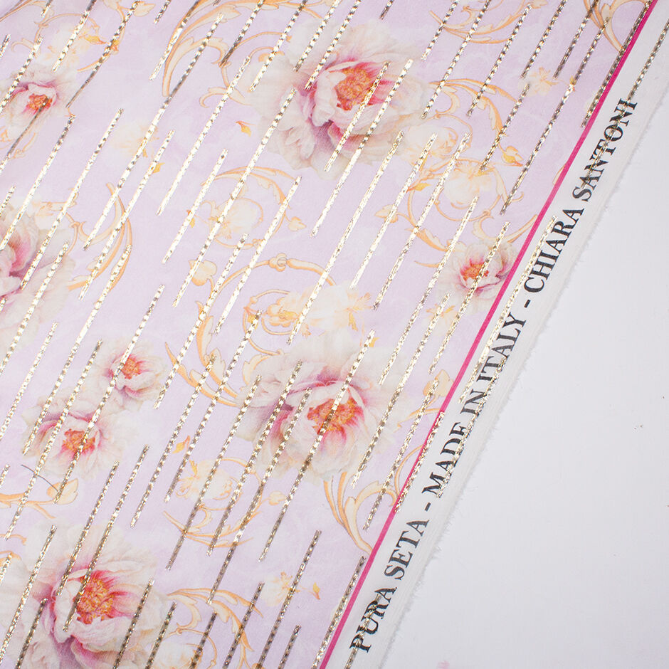 Floral Printed Pale Lavender Metallic Silk Georgette