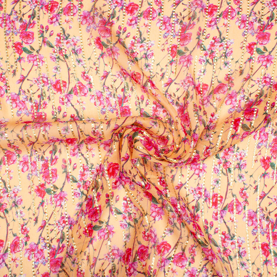 Pink Floral Soft Peach Metallic Silk Georgette