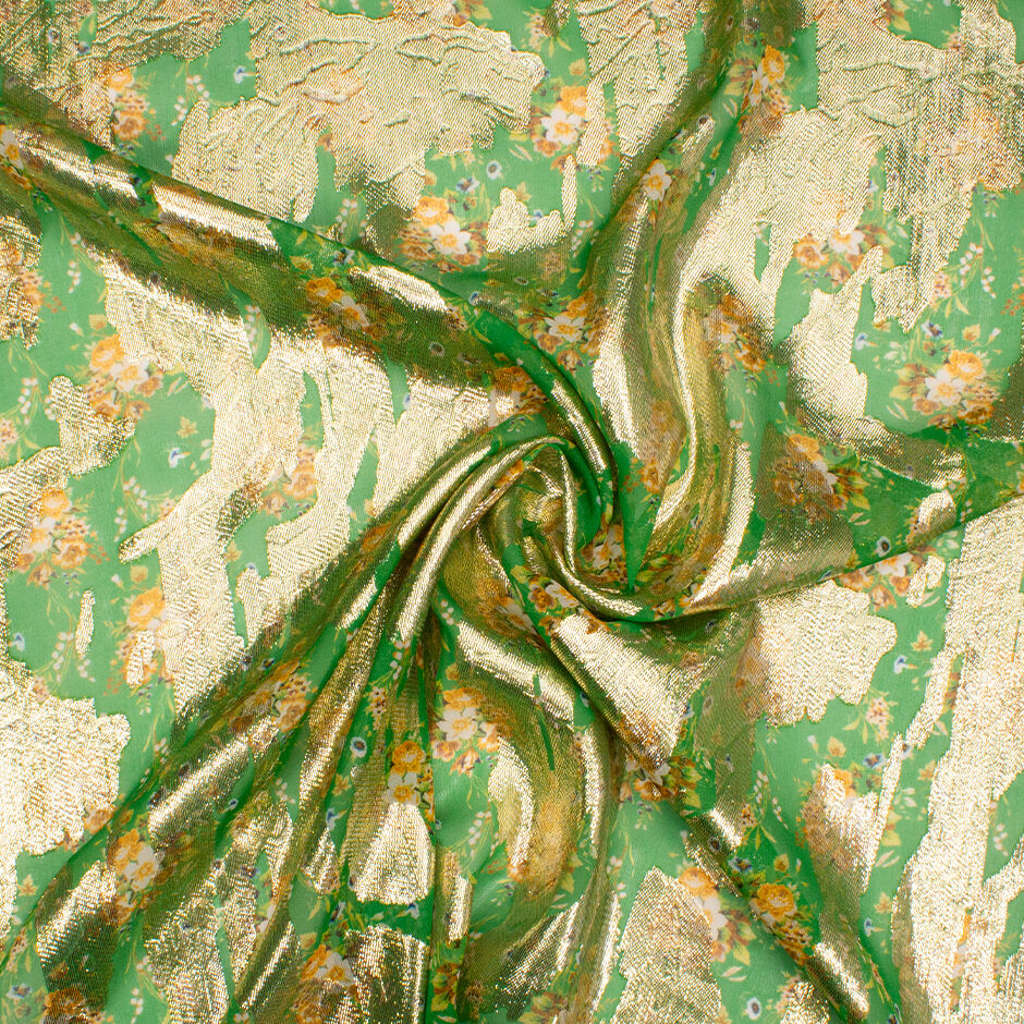 Floral Printed Emerald Green Metallic Silk Georgette (A 1.50m Piece)