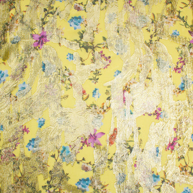 Floral Printed Lemon Yellow Metallic Silk Georgette