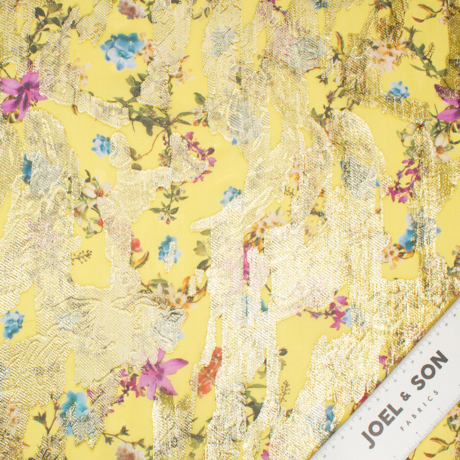 Floral Printed Lemon Yellow Metallic Silk Georgette