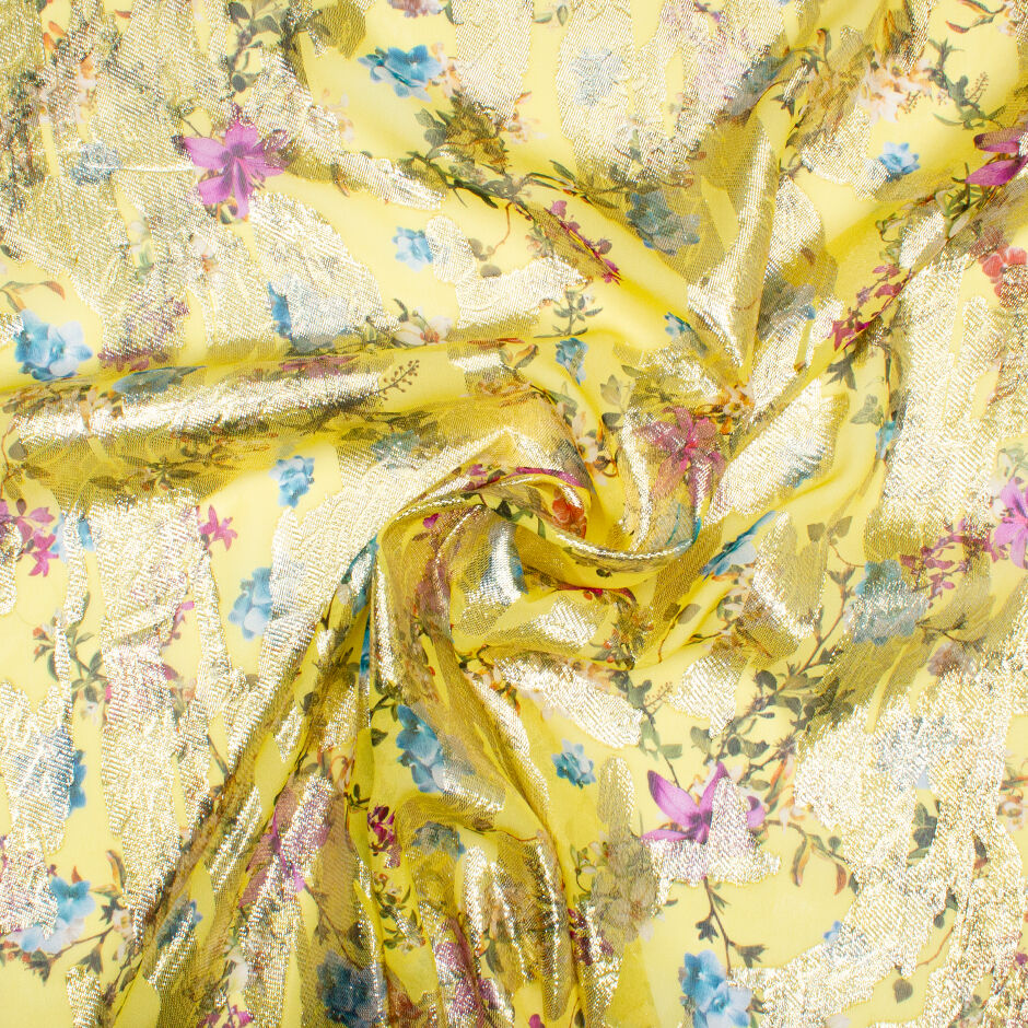 Floral Printed Lemon Yellow Metallic Silk Georgette