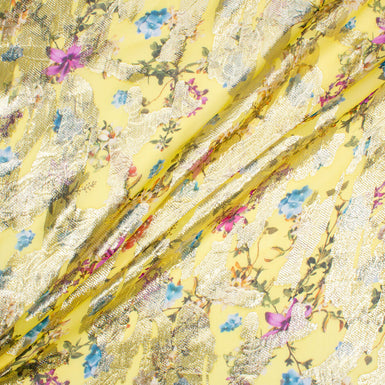 Floral Printed Lemon Yellow Metallic Silk Georgette