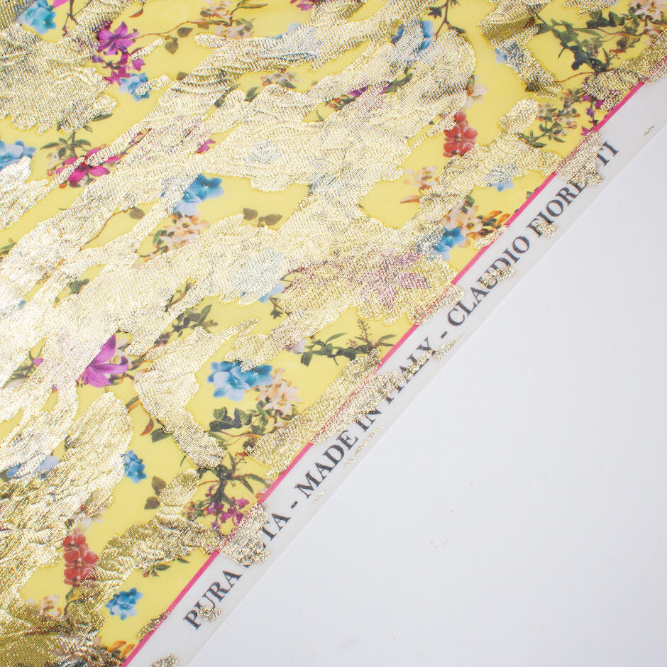 Floral Printed Lemon Yellow Metallic Silk Georgette