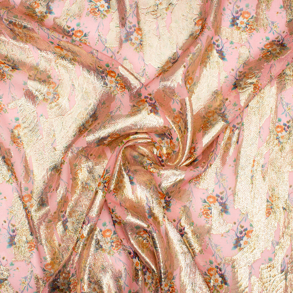 Dainty Floral Printed Candy Pink Metallic Silk Georgette