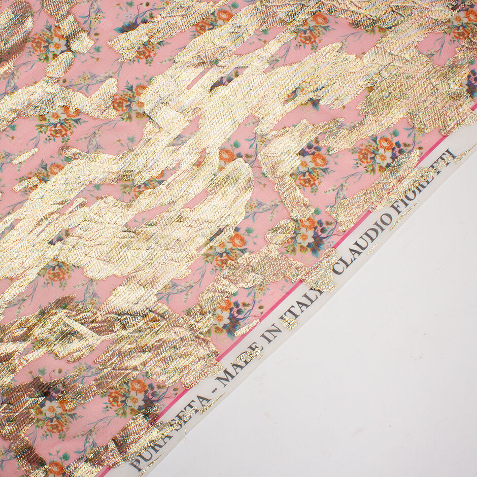Dainty Floral Printed Candy Pink Metallic Silk Georgette