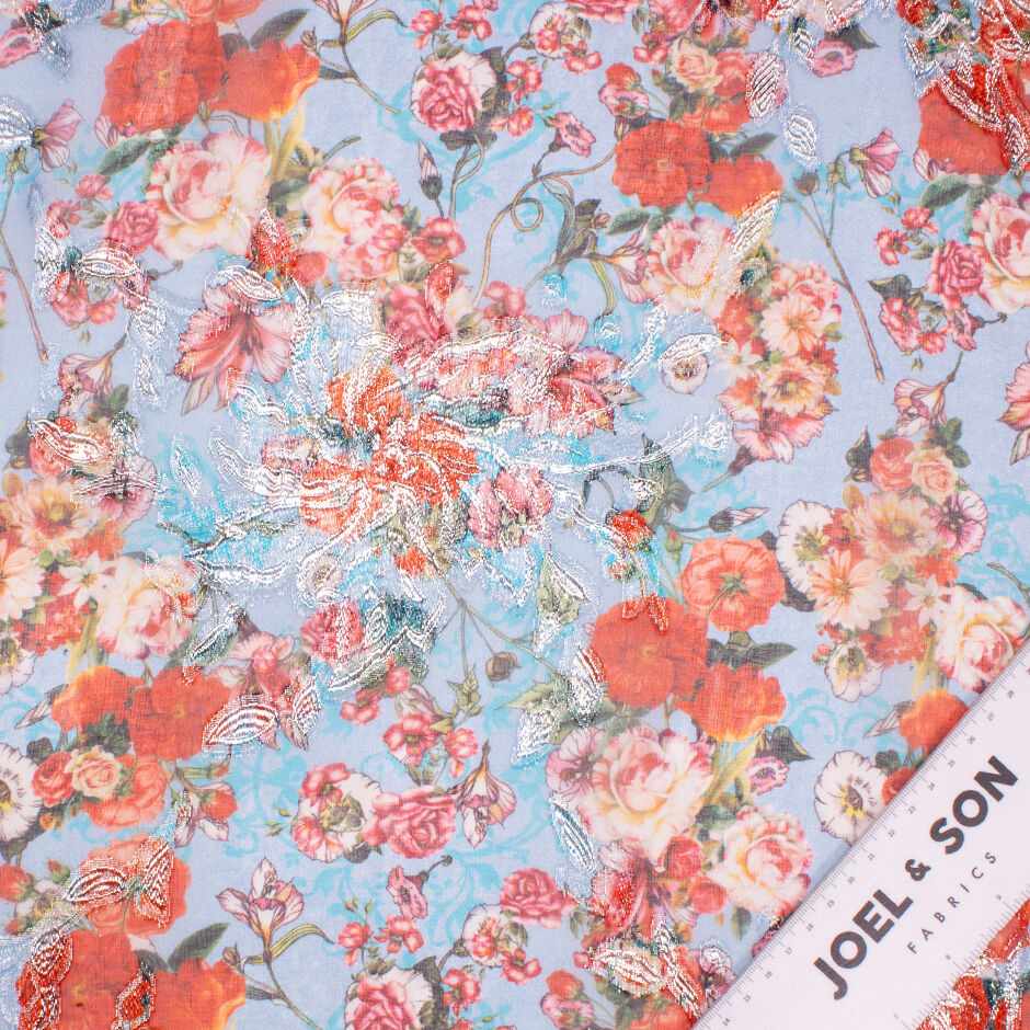 Rich Red Poppy Printed Blue Metallic Silk Georgette