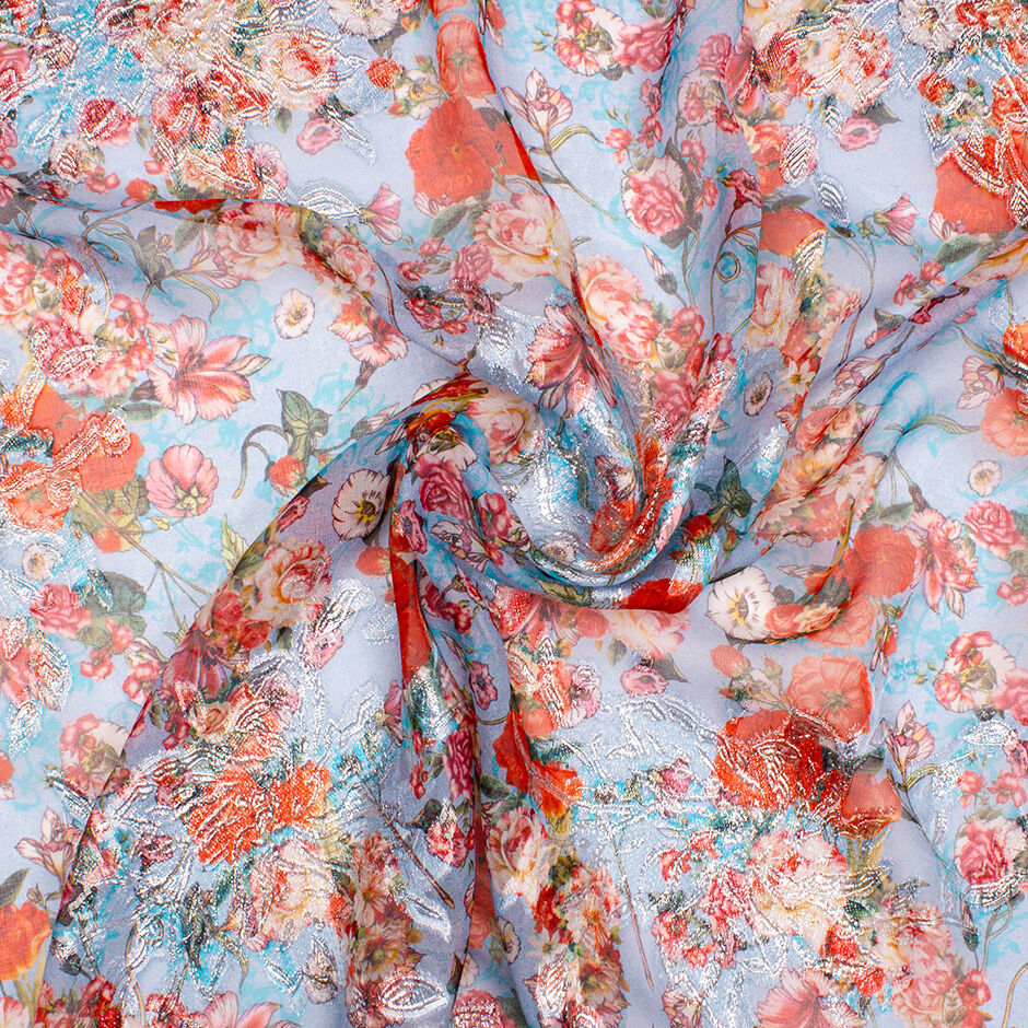 Rich Red Poppy Printed Blue Metallic Silk Georgette