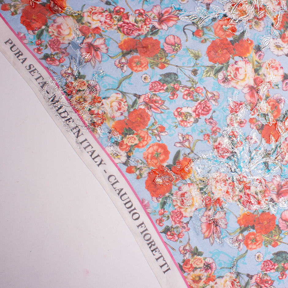 Rich Red Poppy Printed Blue Metallic Silk Georgette