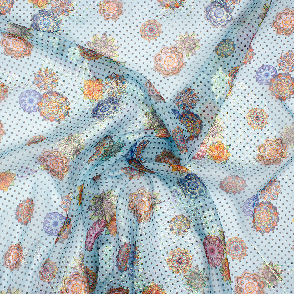 Floral & Spotted Baby Blue Printed Metallic Silk Georgette