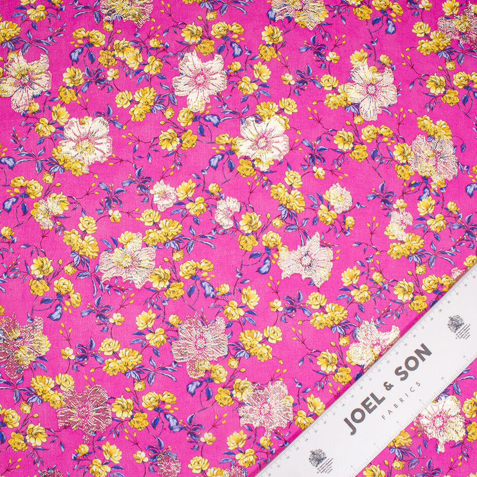 Yellow Floral Printed Fuchsia Pink Metallic Silk Georgette