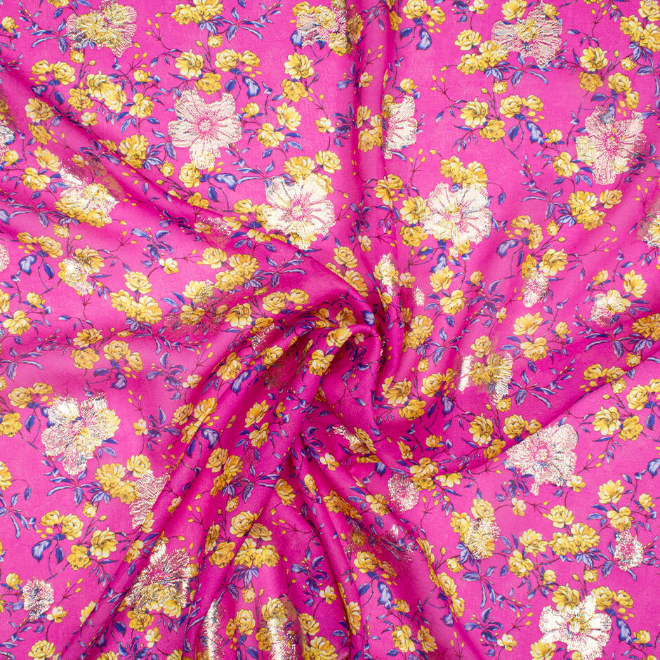 Yellow Floral Printed Fuchsia Pink Metallic Silk Georgette