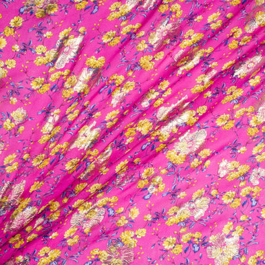 Yellow Floral Printed Fuchsia Pink Metallic Silk Georgette