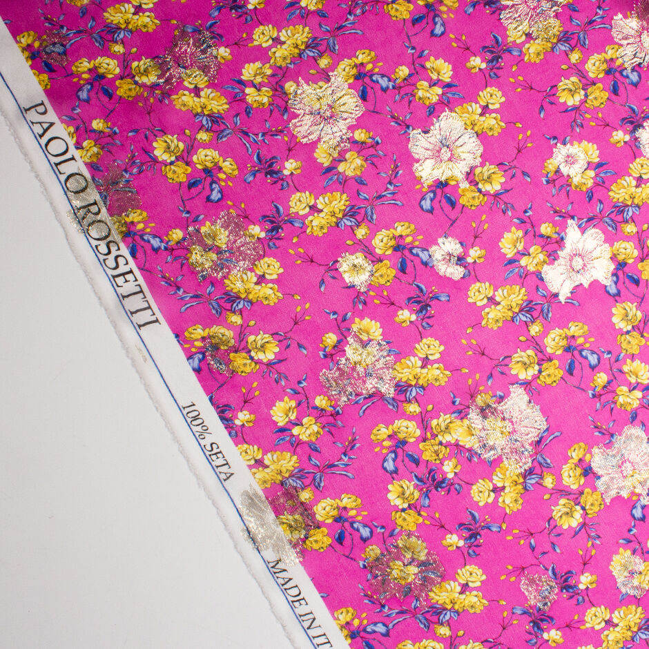 Yellow Floral Printed Fuchsia Pink Metallic Silk Georgette