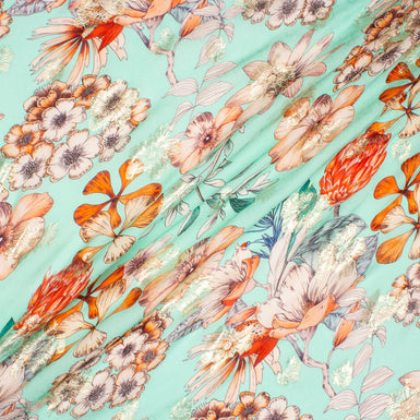 Orange Floral Printed Aqua Metallic Silk Georgette (A 1.65m Piece)