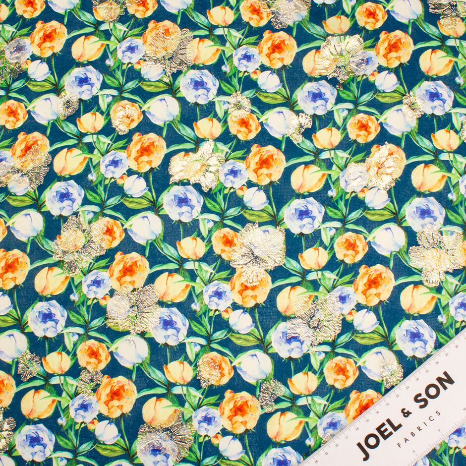 Orange & Blue Floral Printed Teal Silk Georgette