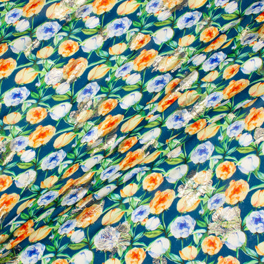 Orange & Blue Floral Printed Teal Silk Georgette