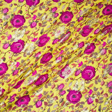 Magenta Floral Printed Canary Yellow Metallic Silk Georgette