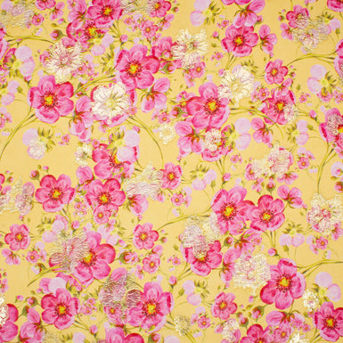Pink Pansy Printed Metallic Yellow Silk Georgette (A 2.90m Piece)