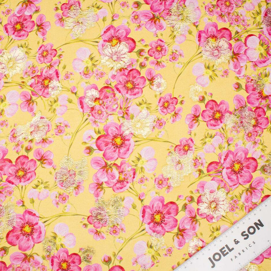 Pink Pansy Printed Metallic Yellow Silk Georgette (A 2.90m Piece)