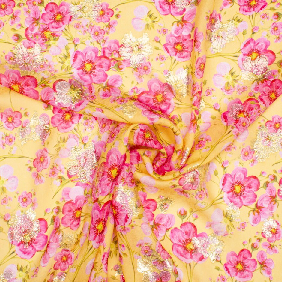 Pink Pansy Printed Metallic Yellow Silk Georgette (A 2.90m Piece)