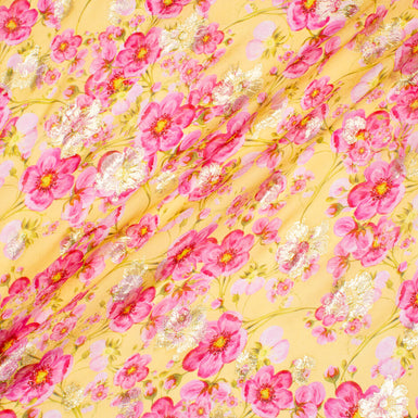 Pink Pansy Printed Metallic Yellow Silk Georgette (A 2.90m Piece)