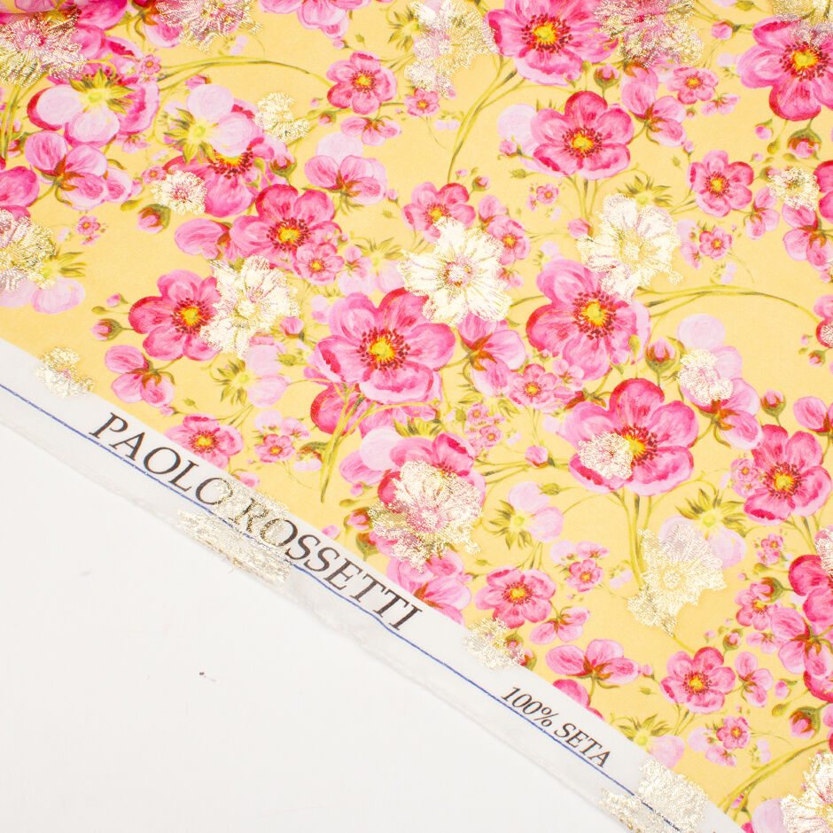 Pink Pansy Printed Metallic Yellow Silk Georgette (A 2.90m Piece)