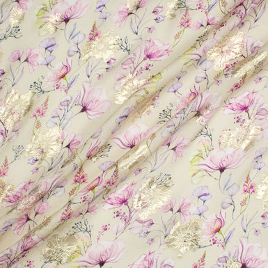 Pale Pink & Lilac Floral Printed Metallic Silk Georgette