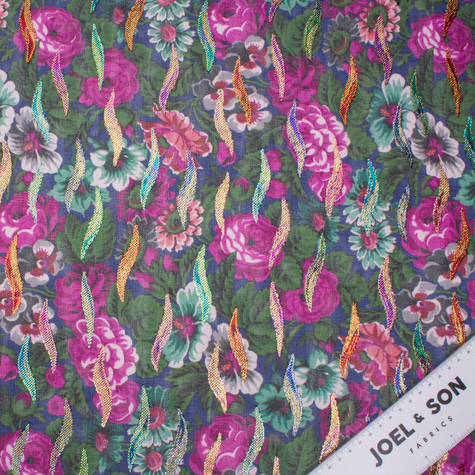 Magenta Floral Printed Blue Silk Metallic Georgette (A 2.3m Piece)