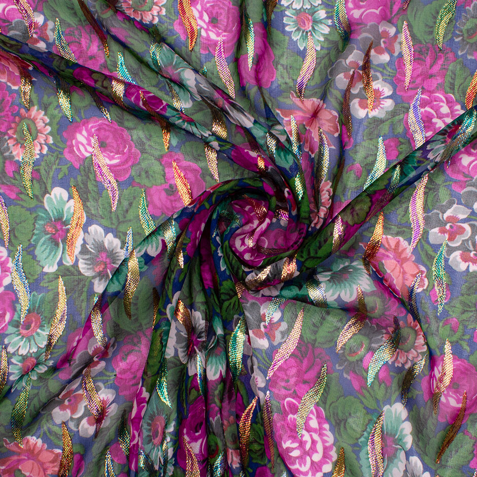 Magenta Floral Printed Blue Silk Metallic Georgette (A 2.3m Piece)