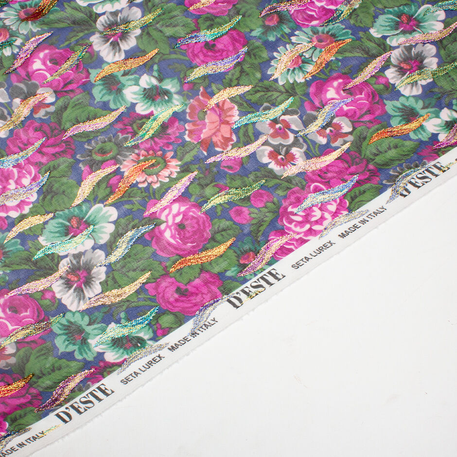 Magenta Floral Printed Blue Silk Metallic Georgette (A 2.3m Piece)