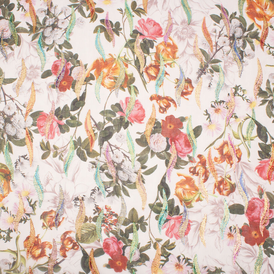 Orange, Red & Pink Floral Printed White Metallic Silk Georgette