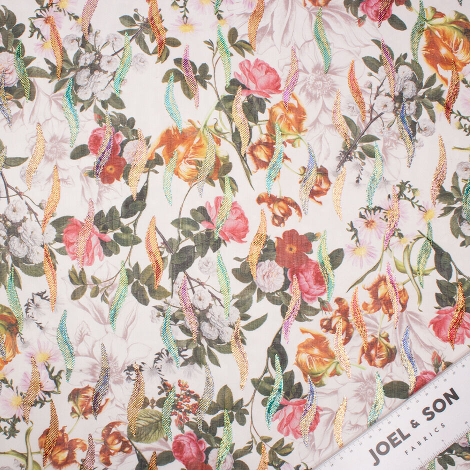 Orange, Red & Pink Floral Printed White Metallic Silk Georgette