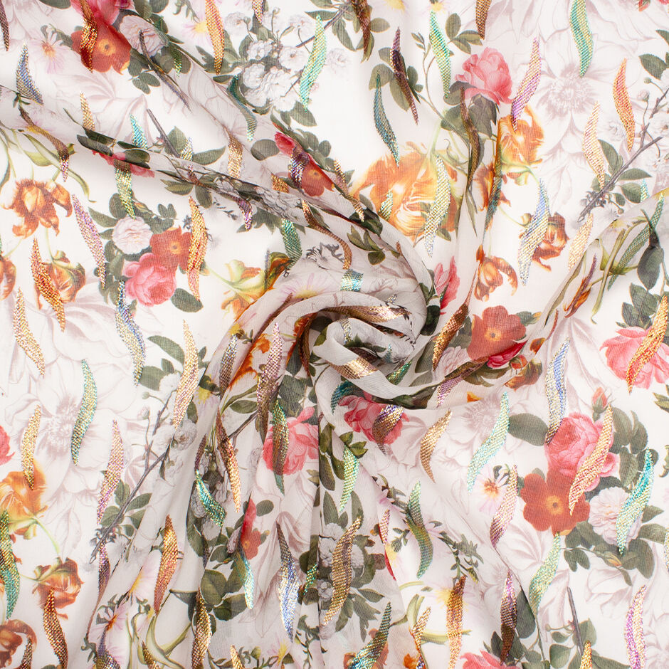 Orange, Red & Pink Floral Printed White Metallic Silk Georgette