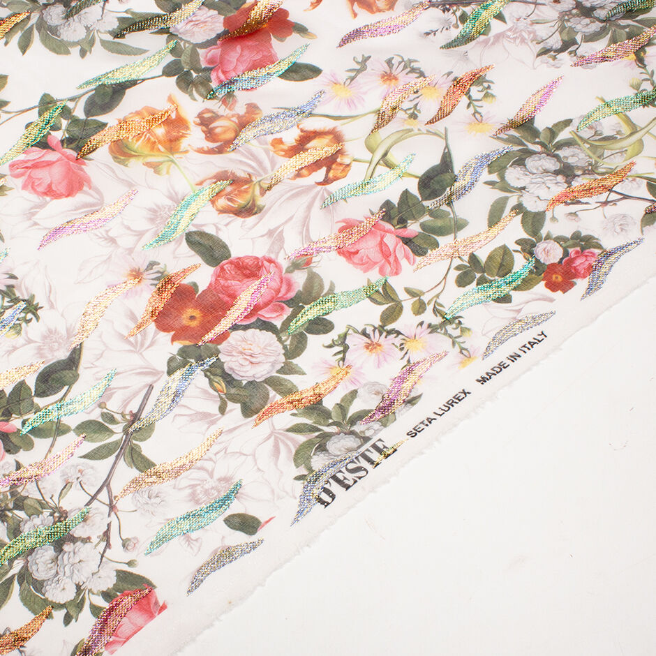Orange, Red & Pink Floral Printed White Metallic Silk Georgette