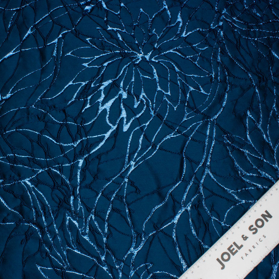 French Blue Metallic Floral Abstract Cloqué