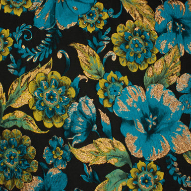 Chartreuse & Turquoise Floral Mixed Fibre Brocade