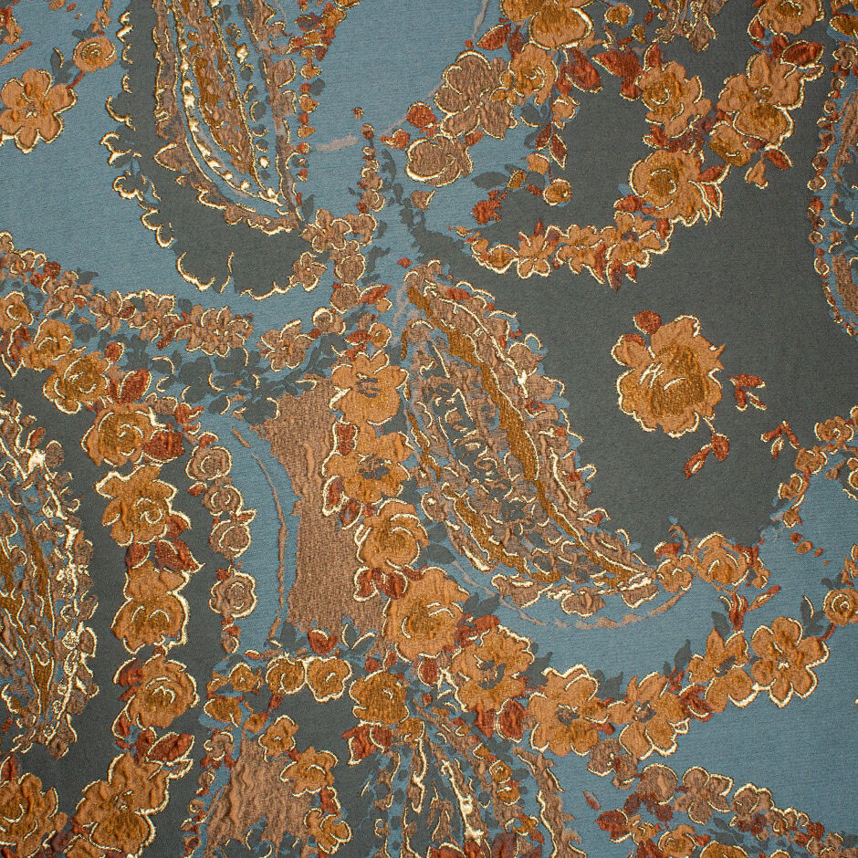 Petrol Blue & Brown Toned Floral Silk Blend Brocade (A 2m Piece)