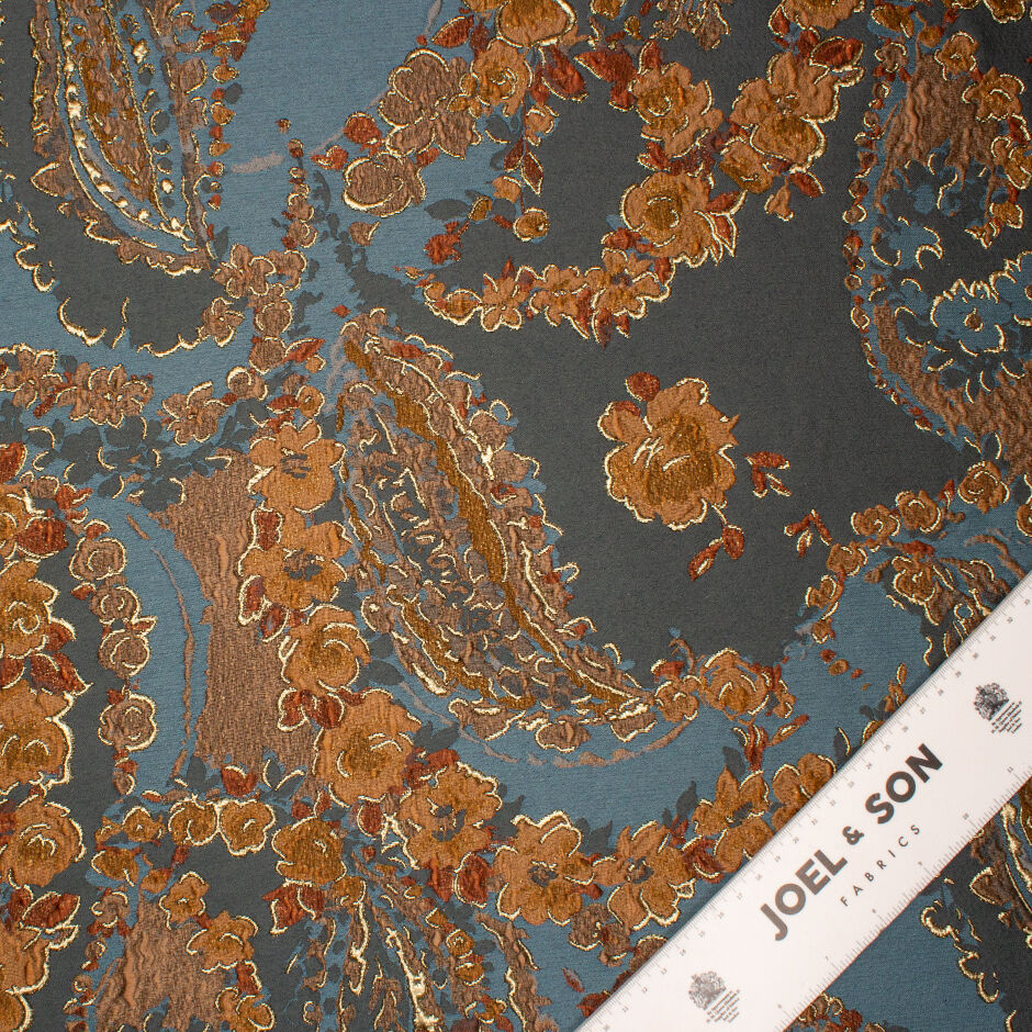 Petrol Blue & Brown Toned Floral Silk Blend Brocade (A 2m Piece)
