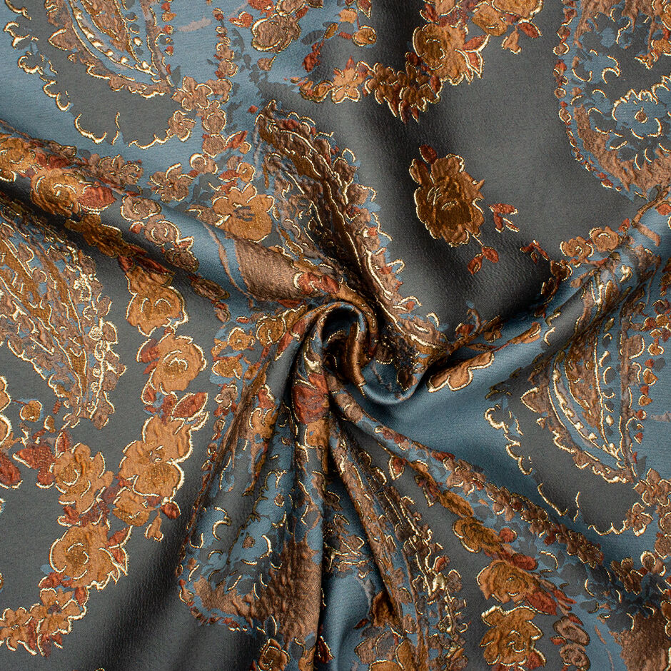 Petrol Blue & Brown Toned Floral Silk Blend Brocade (A 2m Piece)