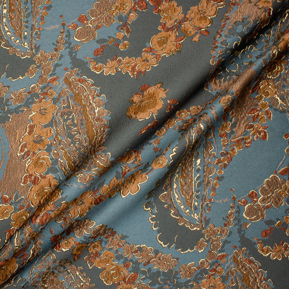 Petrol Blue & Brown Toned Floral Silk Blend Brocade (A 2m Piece)