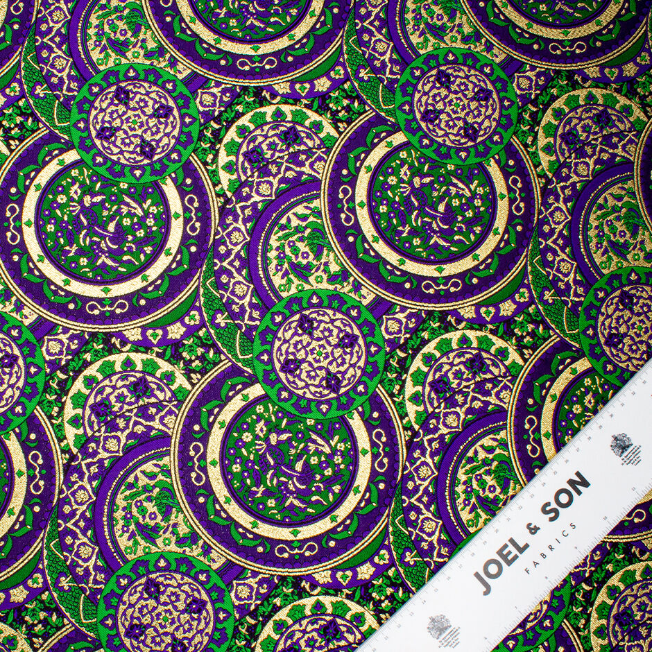 Purple, Green & Gold Metallic Circle Silk Blend Brocade