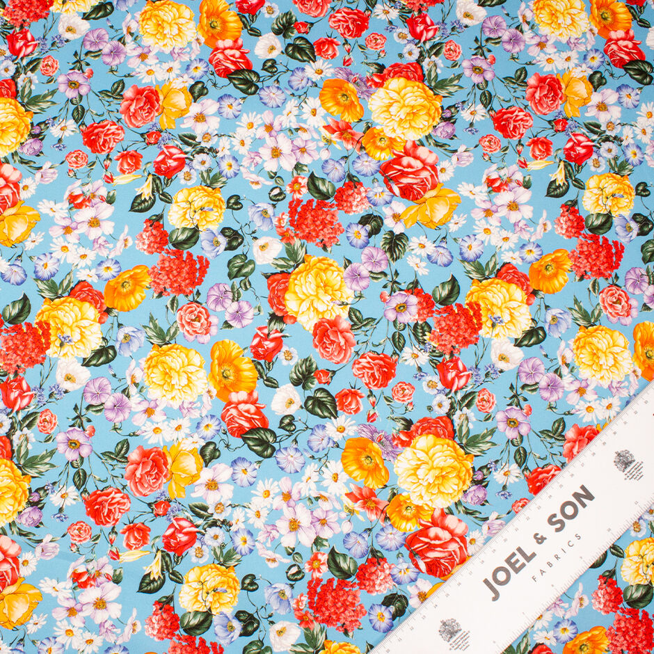 Red & Orange Floral Printed Sky Blue Luxury Cotton