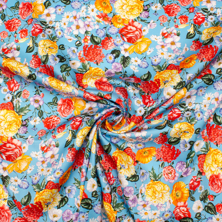 Red & Orange Floral Printed Sky Blue Luxury Cotton
