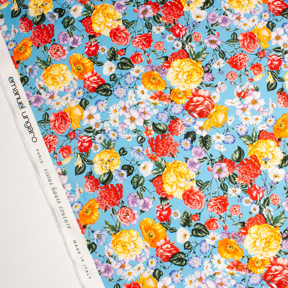 Red & Orange Floral Printed Sky Blue Luxury Cotton