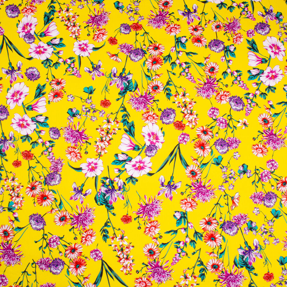 Multi Floral Printed Canary Yellow Luxury Cotton (A 2.35m Piece)