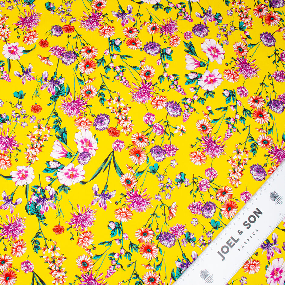 Multi Floral Printed Canary Yellow Luxury Cotton (A 2.35m Piece)