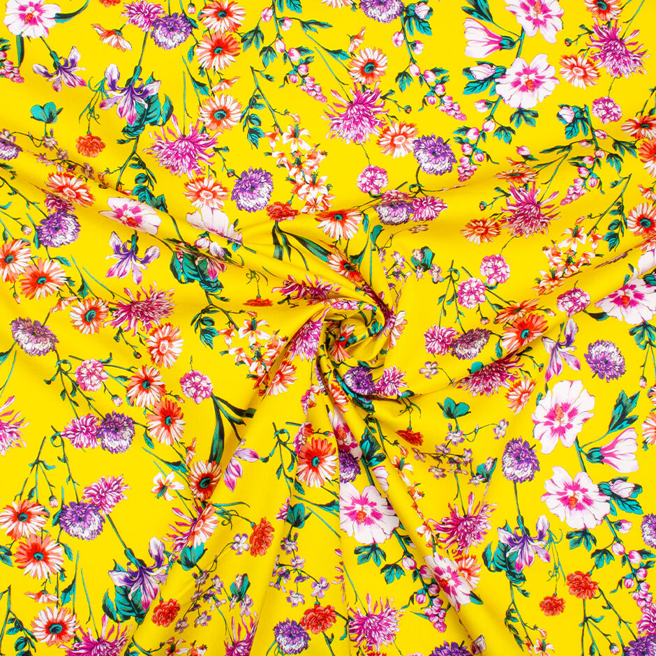 Multi Floral Printed Canary Yellow Luxury Cotton (A 2.35m Piece)