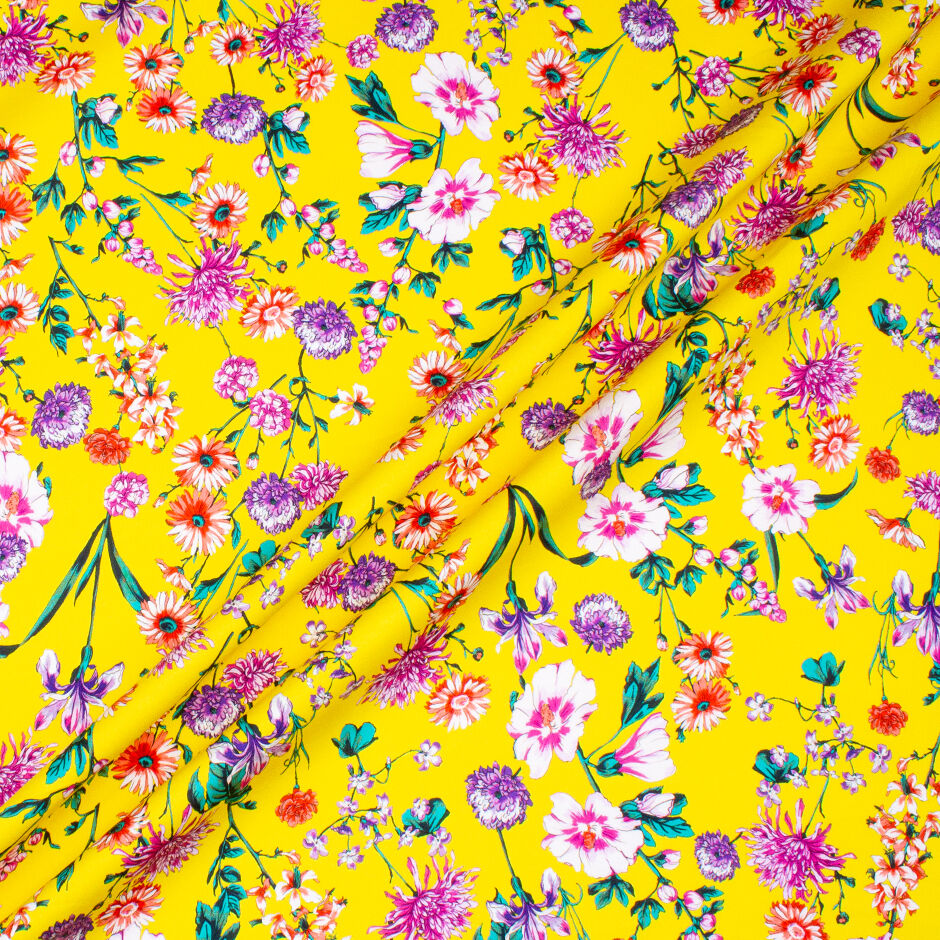 Multi Floral Printed Canary Yellow Luxury Cotton (A 2.35m Piece)